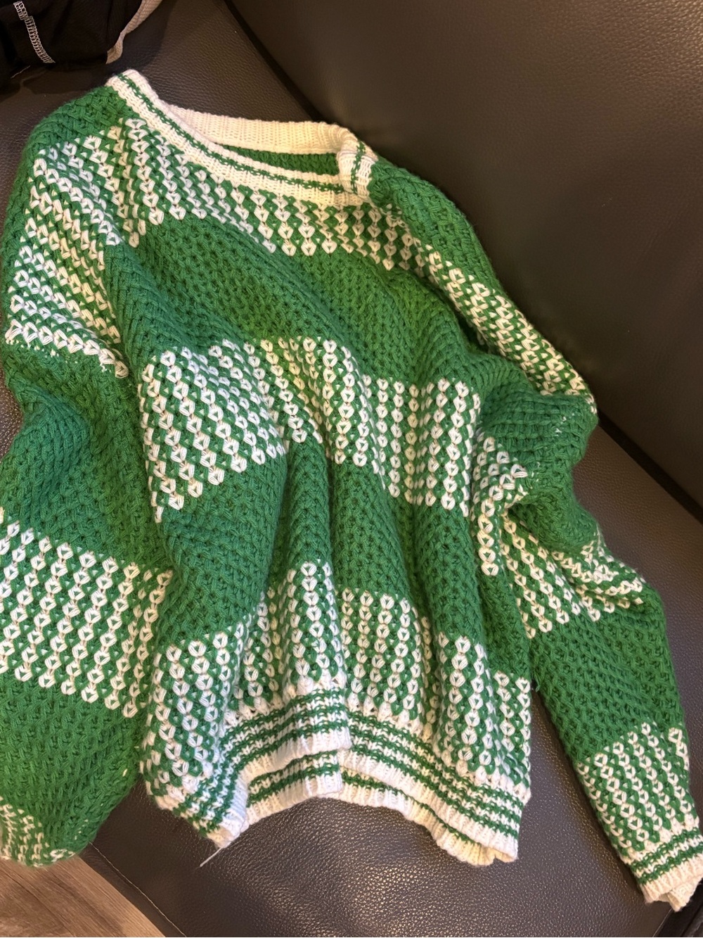 Green and White Knit Oversized Women's Sweater